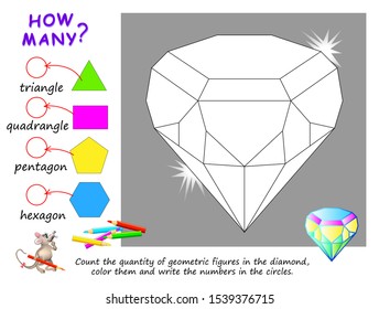 Educational page for children on math. Count the quantity of geometric figures in diamond, color them and write numbers. Printable worksheet for kids mathematics school textbook. Baby coloring book.