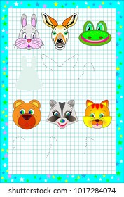Educational page for children on a square paper. Need to draw the shadows of animals corresponding the images. Vector cartoon image.