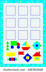 Educational page for children on a square paper. Need to find the missing objects and draw them in correct places. Vector image.