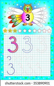 Educational page for children on a square paper with number 3. Developing skills for counting and writing. Vector image.