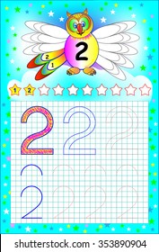 Educational page for children on a square paper with number 2. Developing skills for counting and writing. Vector image.