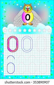 Educational page for children on a square paper with number 0. Developing skills for counting and writing. Vector image.