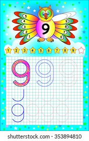 Educational page for children on a square paper with number 9. Developing skills for counting and writing. Vector image.