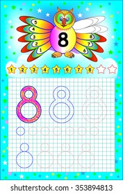 Educational page for children on a square paper with number 8. Developing skills for counting and writing. Vector image.
