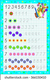 Educational page for children on a square paper with numbers. Developing skills for counting and writing. Vector image.