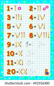Educational page for children on a square paper with Roman and Arabic numerals. Developing skills for counting and writing. Vector image.