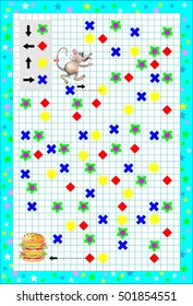 Educational page for children on a square paper. Draw a path from mouse to hamburger. Follow in directions of the arrows. Logic puzzle with maze. Vector image.