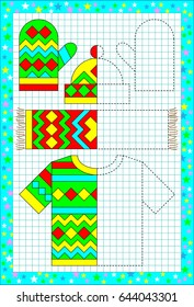 Educational page for children on a square paper. Need to draw the second parts of clothes considering the symmetry. Vector image.