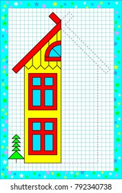 Educational page for children on a square paper. Need to draw the second part of house considering the symmetry. Vector image.