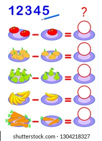 Educational page for children on subtraction. Solve examples, count the quantity of fruits a vegetables and write numbers in circles. Printable mathematical worksheet for kids textbook.