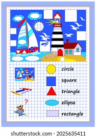 Página educativa para niños. Hoja de trabajo impresa en papel cuadrado para niños. Aprende a dibujar figuras geométricas. Desarrollar técnicas de dibujo y rastreo. Libro de texto de matemáticas en la escuela. Libro de colorear para niños.