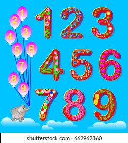 Educational page for children with set of funny numbers. Vector cartoon image.