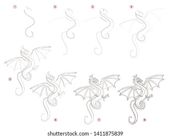 Educational page for children shows how to create step by step a pencil drawing of fantastic eastern dragon. Print for artists school textbook. Developing skills for drawing. Hand-drawn vector image.