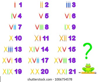 Educational page for children to study Roman numerals. Developing skills for counting. Vector cartoon image.