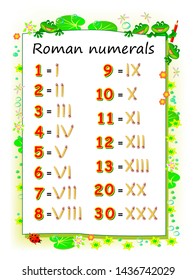 Educational page for children to study Roman numerals. Printable worksheet for kids textbook. Developing skills for counting. Back to school. Vector cartoon image.