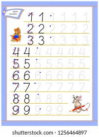 Bildungs-Seite für Kinder zu studieren Schreibnummern. Arbeitsblatt für Kinderlehrbücher. Entwicklung von Fähigkeiten für das Zählen. Zurück zur Schule. Vektorgrafik-Bild.