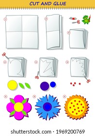 Educational page for children. Template with exercise for kids. Use a scissors to cut from sheet of paper beautiful spring flowers. Logic puzzle game. Developing skills for cutting and handwork.