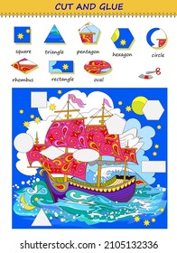 Bildungs-Seite für Kinder. Verwenden Sie eine Schere, um das Keltische Segelboot zu schneiden und zu kleben. Lernen Sie geometrische Figuren. Druckbare Seite mit Mathematikübung für Kinder. Logikpuzzle-Spiel. Schneiden und Handarbeit.