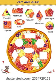 Página educativa para niños. Use unas tijeras para cortar y pegar la sabrosa pizza. Aprender figuras geométricas. Página imprimible con ejercicio matemático para niños. Juego de rompecabezas lógico. Habilidades de corte y trabajo a mano.