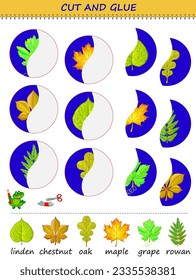 Educational page for children. Use a scissors to cut and glue the second parts of leaves. Printable template with exercise for kids. Logic puzzle game. Cutting and handwork skills. Vector illustration