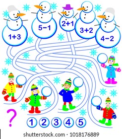 Educational page with exercises for children on addition and subtraction.  Who made every snowman? Solve examples and write the numbers. Vector image.