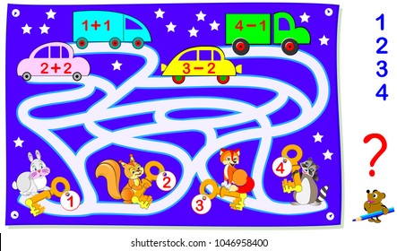 Educational page with exercises for children on addition and subtraction.  Help the animals find their cars. Solve examples and draw the way. Vector image.