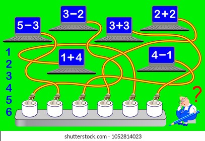 Educational page with exercises for children on addition and subtraction. Help to charge computers. Solve examples. Write the numbers on relevant outlets. Vector image.