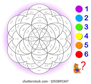 Educational page with exercises for children on addition and subtraction. Need to solve examples and to paint the image in relevant colors. Developing skills for counting. Vector image.