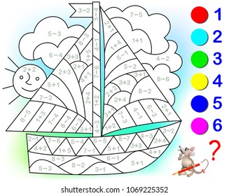 Educational page with exercises for children on addition and subtraction. Need to solve examples and to paint the image in relevant colors. Developing skills for counting. Vector image.