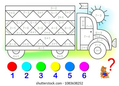 Educational page with exercises for children on addition and subtraction. Need to solve examples and to paint the image in relevant colors. Developing skills for counting. Vector image.