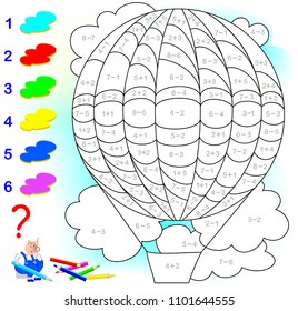 Educational page with exercises for children on addition and subtraction. Need to solve examples and to paint the image in relevant colors. Developing skills for counting. Vector image.