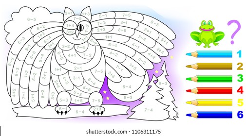 Educational page with exercises for children on addition and subtraction. Need to solve examples and to paint the image in relevant colors. Developing skills for counting. Vector image.