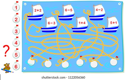 Educational page with exercises for children on addition and subtraction. Find which ropes are connecting to each boat? Solve examples and write the numbers on buoys. Vector cartoon image.