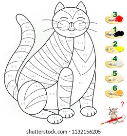 Educational page with exercises for children on addition and subtraction. Need to solve examples and to paint the image in relevant colors. Developing skills for counting. Vector image.