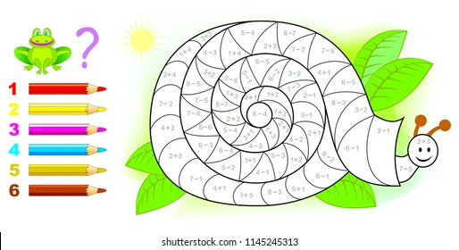 Educational page with exercises for children on addition and subtraction. Need to solve examples and to paint the snail in relevant colors. Developing skills for counting. Vector image.