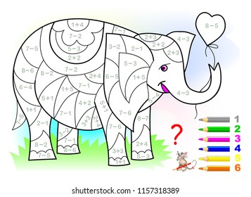 Educational page with exercises for children on addition and subtraction. Need to solve examples and to paint the elephant in relevant colors. Developing skills for counting. Vector image.