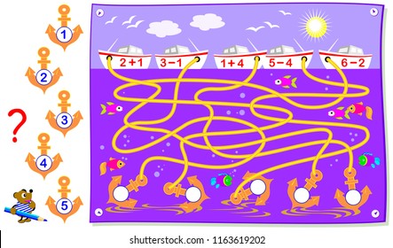 Educational page with exercises for children on addition and subtraction. Need to solve examples and write the numbers on the anchors. Vector cartoon image.