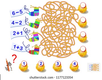 Educational page with exercises for children on addition and subtraction. Need to solve examples and write the numbers in relevant circles. Vector cartoon image.