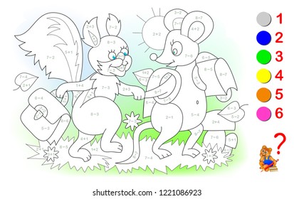 Educational page with exercises for children on addition and subtraction. Need to solve examples and to paint the animals in relevant colors. Developing skills for counting. Vector image.