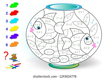 Educational page with exercises for children on addition and subtraction. Need to solve examples and to paint picture in relevant colors. Developing skills for counting. Vector image.