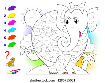 Educational page with exercises for children on addition and subtraction. Need to solve examples and to paint picture in relevant colors. Developing skills for counting. Vector image.