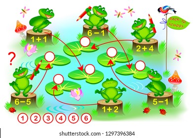 Educational page with exercises for children on addition and subtraction.  Solve examples and draw numbers in circles. Printable worksheet for kids. Developing counting skills. Vector cartoon image.