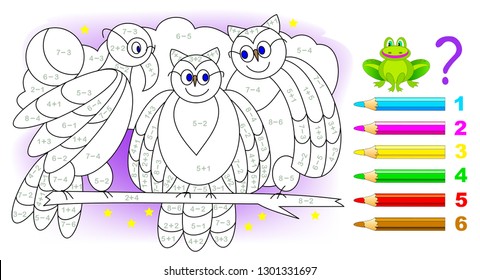 Educational page with exercises for children on addition and subtraction. Need to solve examples and paint the birds in relevant colors. Developing skills for counting. Vector image.