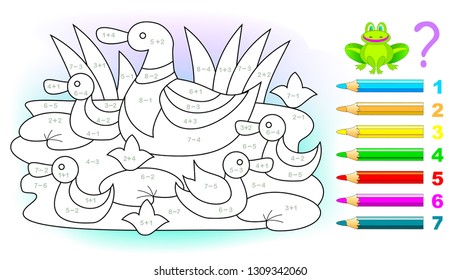 Educational page with exercises for children on addition and subtraction. Solve examples and paint the ducks family in relevant colors. Developing skills for counting. Printable worksheet for kids.