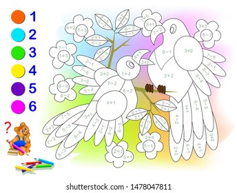 Educational page with exercises for children on addition and subtraction. Solve examples and paint the birds in relevant colors. Developing skills for counting. Printable worksheet for kids textbook.