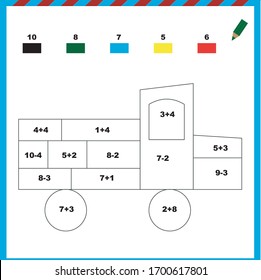 Educational page with exercises for children on addition and subtraction. Need to solve examples and to paint the image in relevant colors. Developing skills for counting. Vector image.