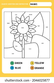 Educational page with exercises for children on addition and subtraction. Need to solve examples and to paint picture in relevant colors. Developing skills for counting. Vector image. Illustration in 