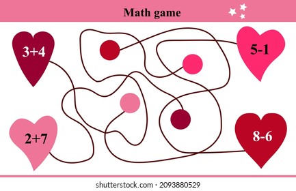 Educational page with exercises for children on addition and subtraction. Solve examples, find a path, and write your answer in circles. Hearts. Vector cartoon illustration.