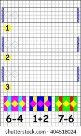 Educational page with exercises for children on a square paper. Need to draw on every scarf corresponding ornament. Developing skills for counting and drawing. Vector image.