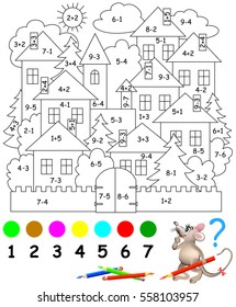 Educational page with exercises for children on addition and subtraction. Need to solve examples and to paint the image in relevant colors. Developing skills for counting. Vector image.